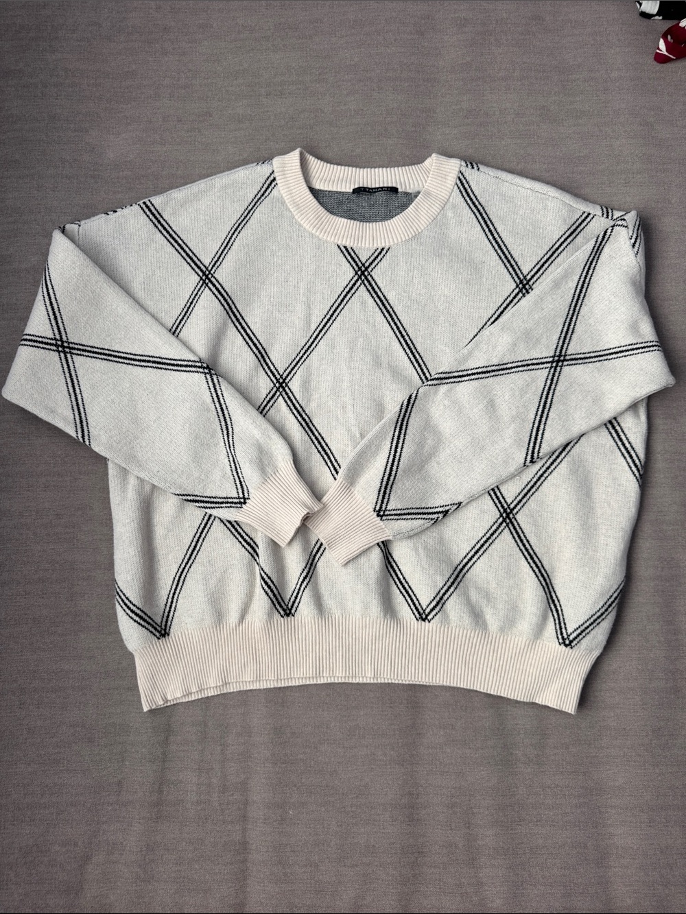 T Tahari Cream Crewneck Sweater with Black Argyle Lines